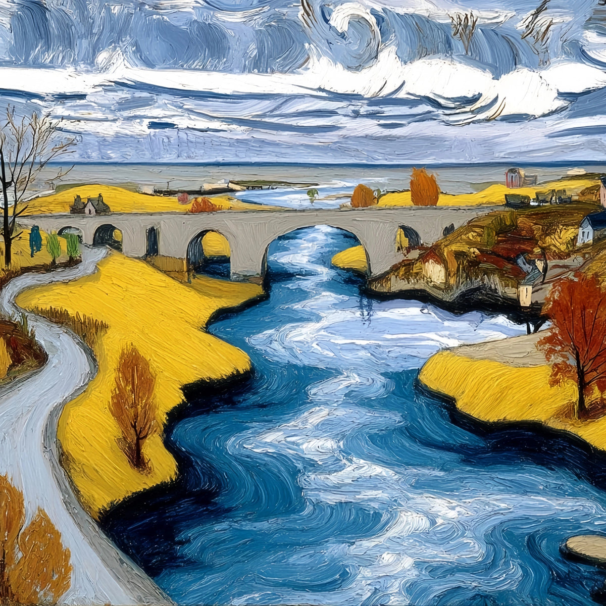 Expressive River Town Bridge Original Oil Painting For Sale - Oil Painting Haven