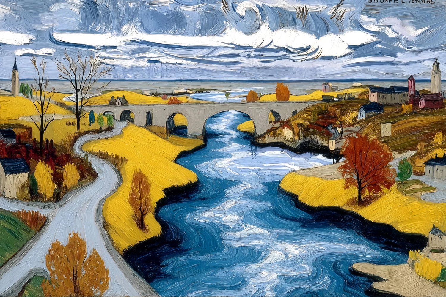 Expressive River Town Bridge Original Oil Painting For Sale - Oil Painting Haven