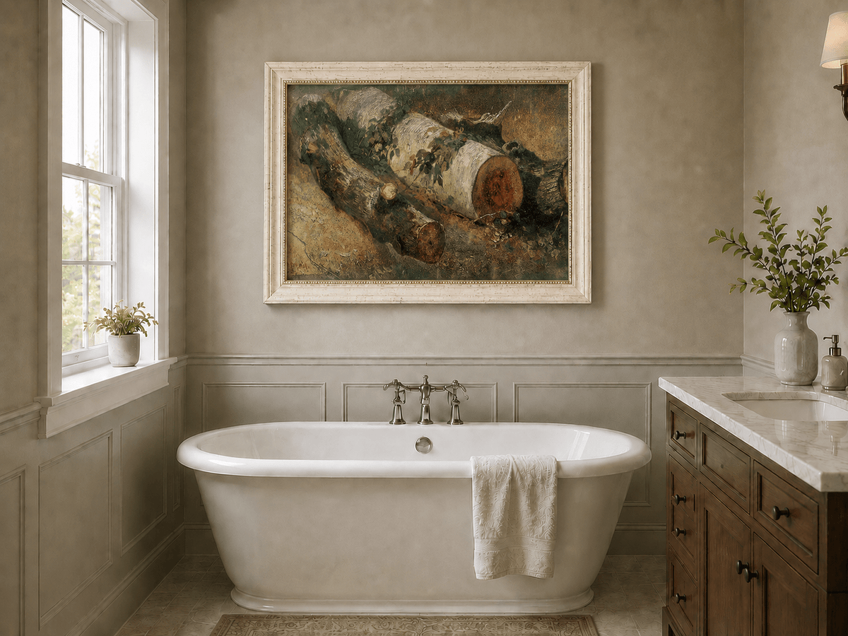 Framed hand-painted woodland study oil painting of fallen logs among dense foliage displayed above a freestanding bathtub.