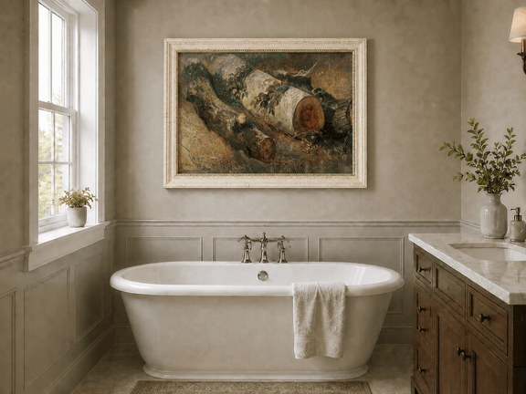 Framed hand-painted woodland study oil painting of fallen logs among dense foliage displayed above a freestanding bathtub.