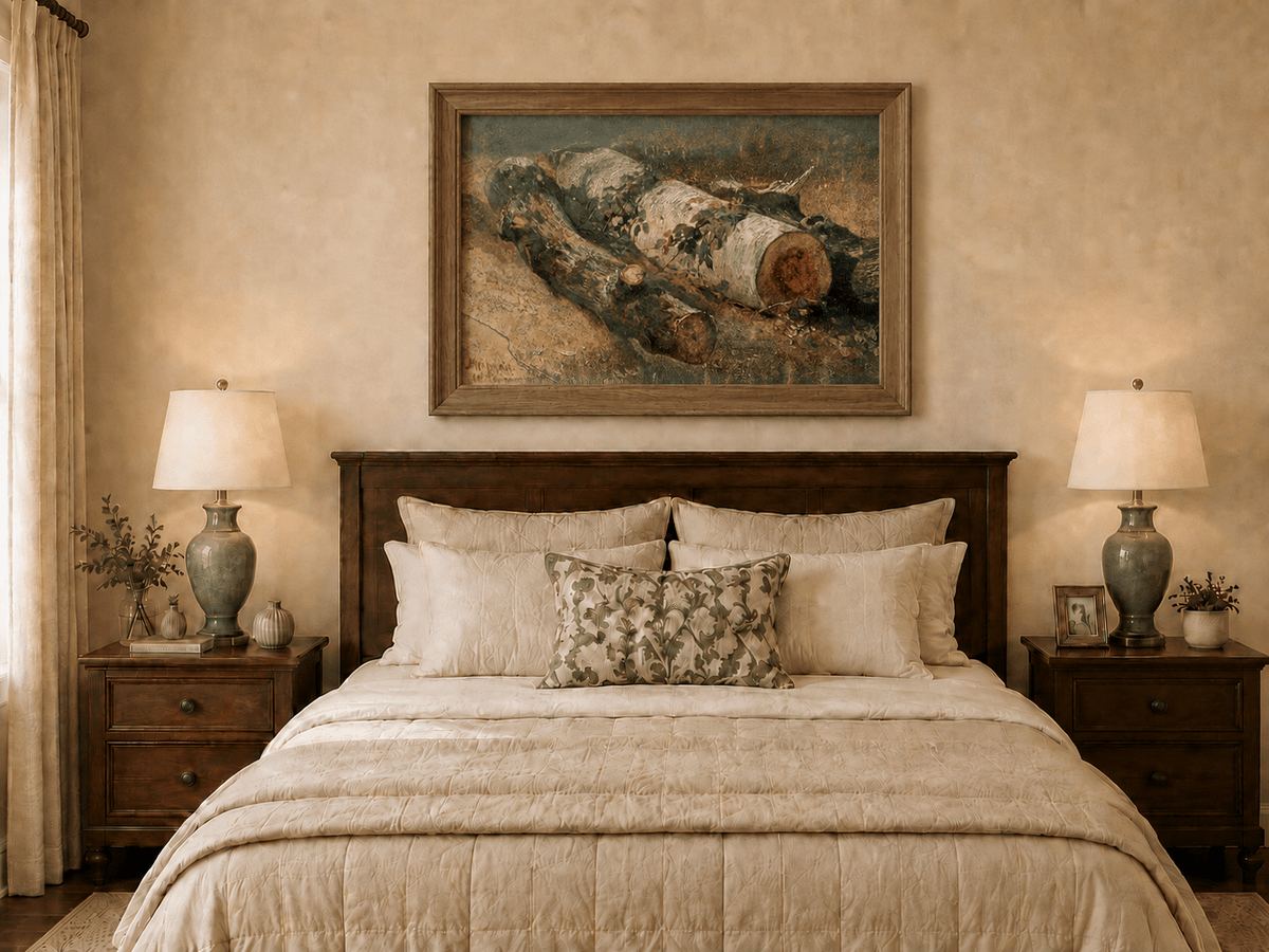 Framed hand-painted woodland study oil painting of fallen logs among dense foliage displayed above a wooden bed in a neutral bedroom.