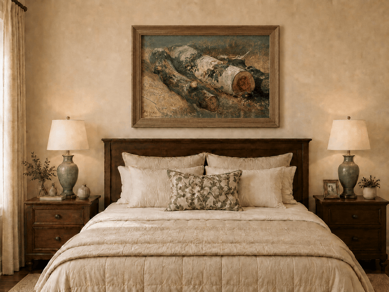 Framed hand-painted woodland study oil painting of fallen logs among dense foliage displayed above a wooden bed in a neutral bedroom.