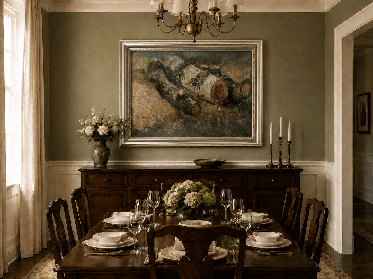 Framed hand-painted woodland study oil painting of fallen logs among dense foliage displayed above a formal dining table.