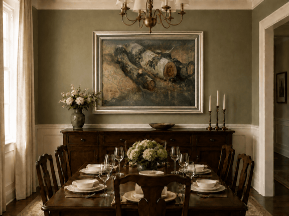 Framed hand-painted woodland study oil painting of fallen logs among dense foliage displayed above a formal dining table.