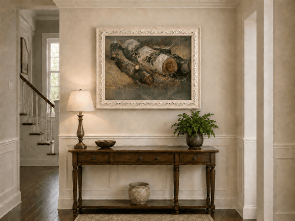 Framed hand-painted woodland study oil painting of fallen logs among dense foliage displayed above an entryway console table.