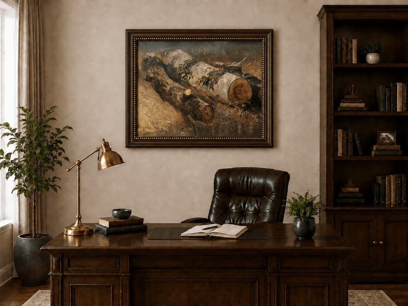 Framed hand-painted woodland study oil painting of fallen logs among dense foliage displayed above a traditional home office desk.