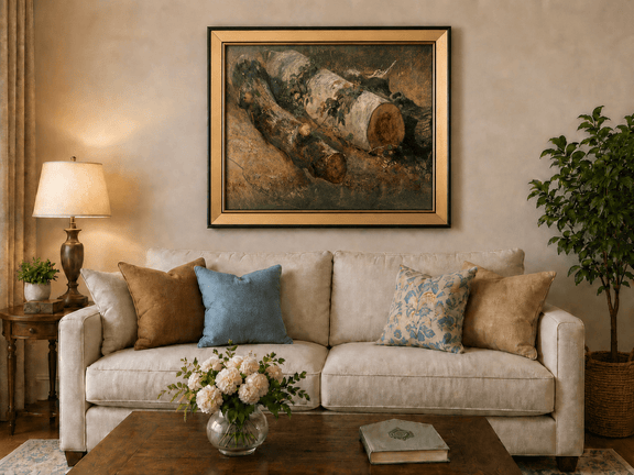 Framed hand-painted woodland study oil painting of fallen logs among dense foliage displayed above a neutral living room sofa.