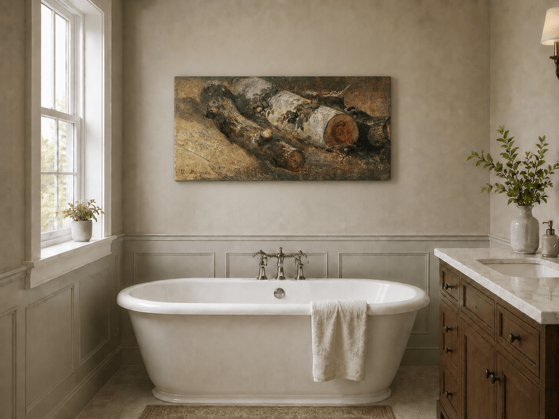 Unframed hand-painted woodland study oil painting of fallen logs among dense foliage displayed above a freestanding bathtub.