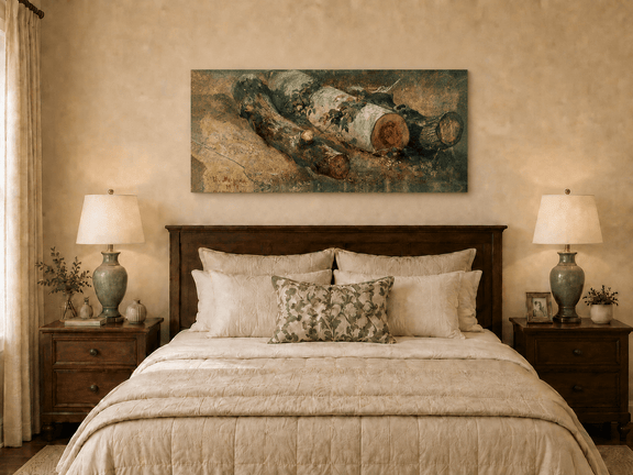 Unframed hand-painted woodland study oil painting of fallen logs among dense foliage displayed above a wooden bed in a neutral bedroom.