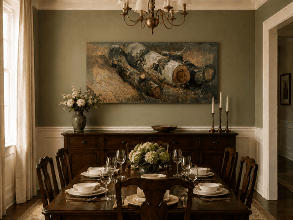 Unframed hand-painted woodland study oil painting of fallen logs among dense foliage displayed above a formal dining table.