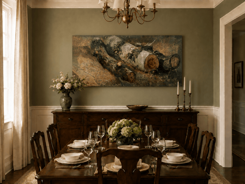 Unframed hand-painted woodland study oil painting of fallen logs among dense foliage displayed above a formal dining table.