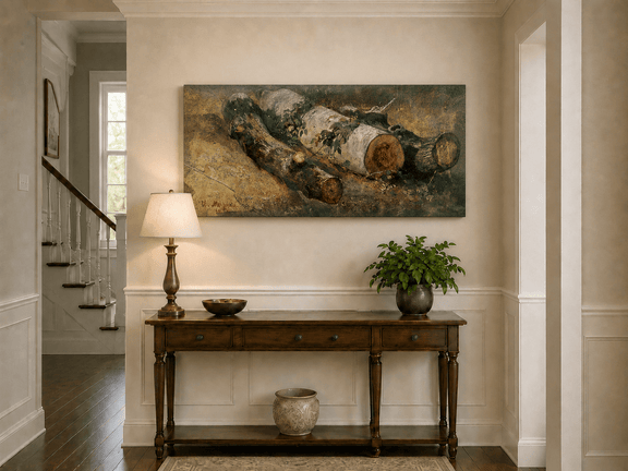 Unframed hand-painted woodland study oil painting of fallen logs among dense foliage displayed above an entryway console table.