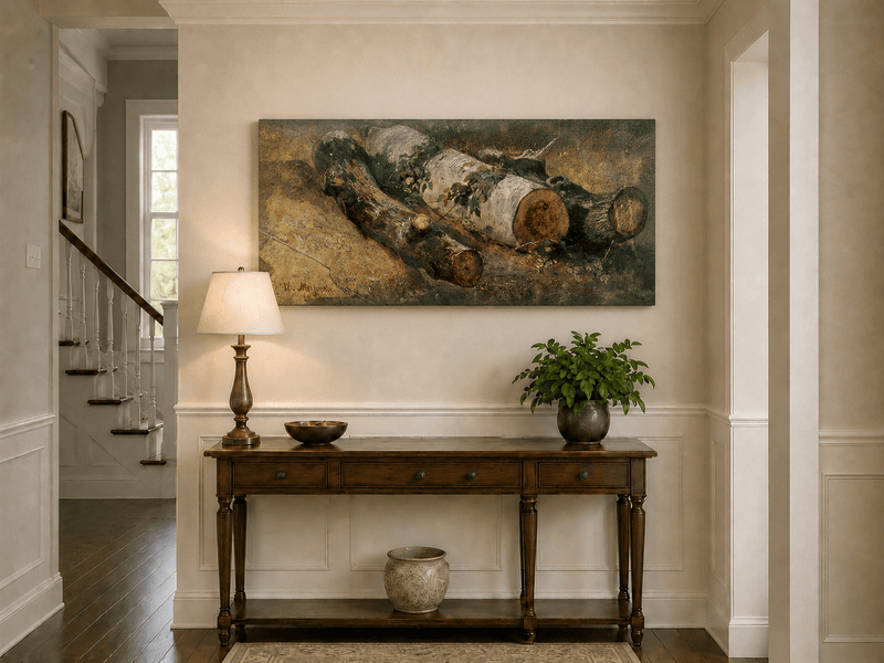 Unframed hand-painted woodland study oil painting of fallen logs among dense foliage displayed above an entryway console table.