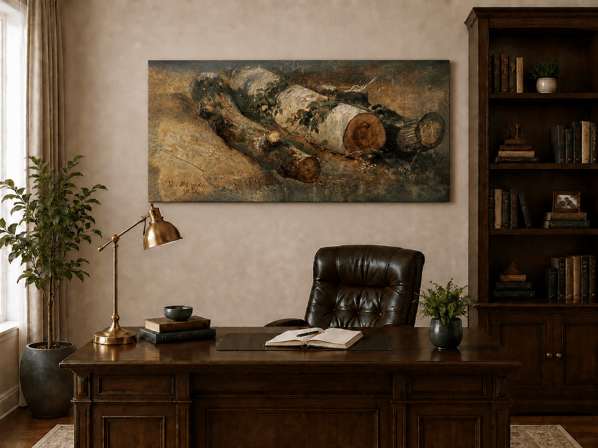 Unframed hand-painted woodland study oil painting of fallen logs among dense foliage displayed above a traditional home office desk.