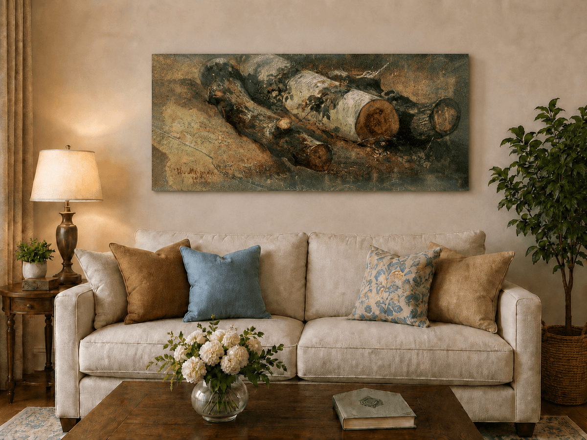 Unframed hand-painted woodland study oil painting of fallen logs among dense foliage displayed above a neutral living room sofa.