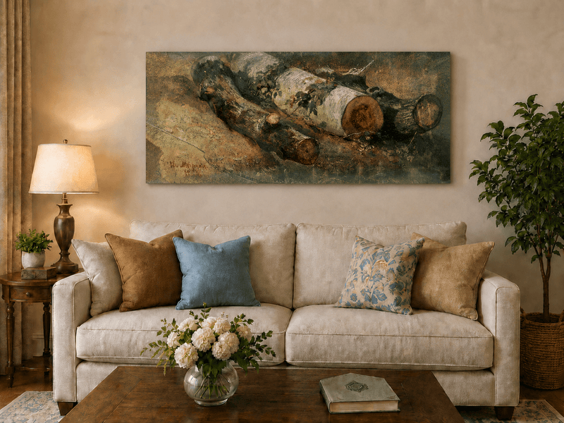 Unframed hand-painted woodland study oil painting of fallen logs among dense foliage displayed above a neutral living room sofa.