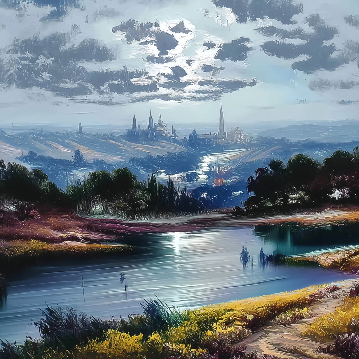 Fantasy City Lake Original Oil Painting For Sale | Dreamscape - Oil Painting Haven