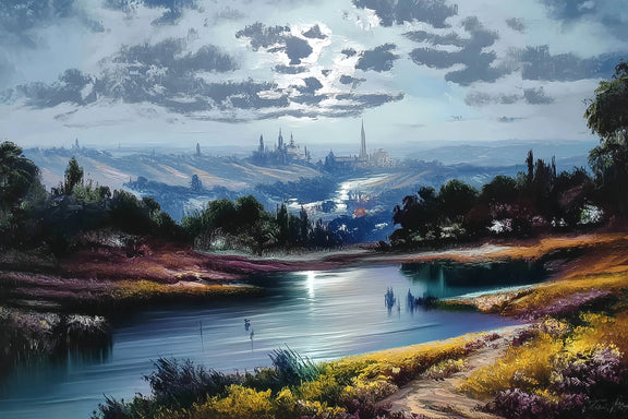 Fantasy City Lake Original Oil Painting For Sale | Dreamscape - Oil Painting Haven