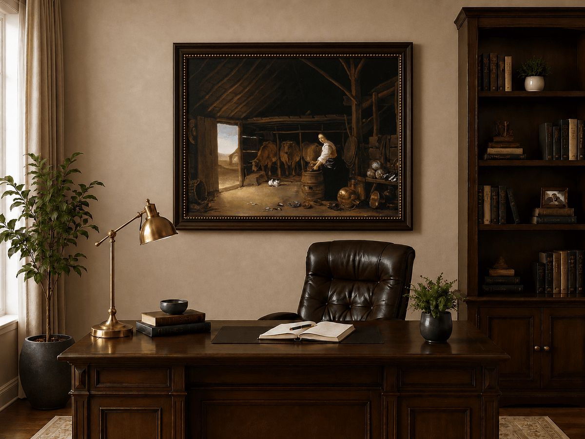 Peinture à l'huile de paysage - Homme à dos d'âne, femme, chien et champ rural