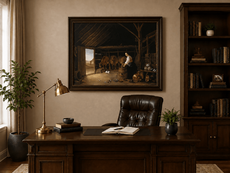 Peinture à l'huile de paysage - Homme à dos d'âne, femme, chien et champ rural