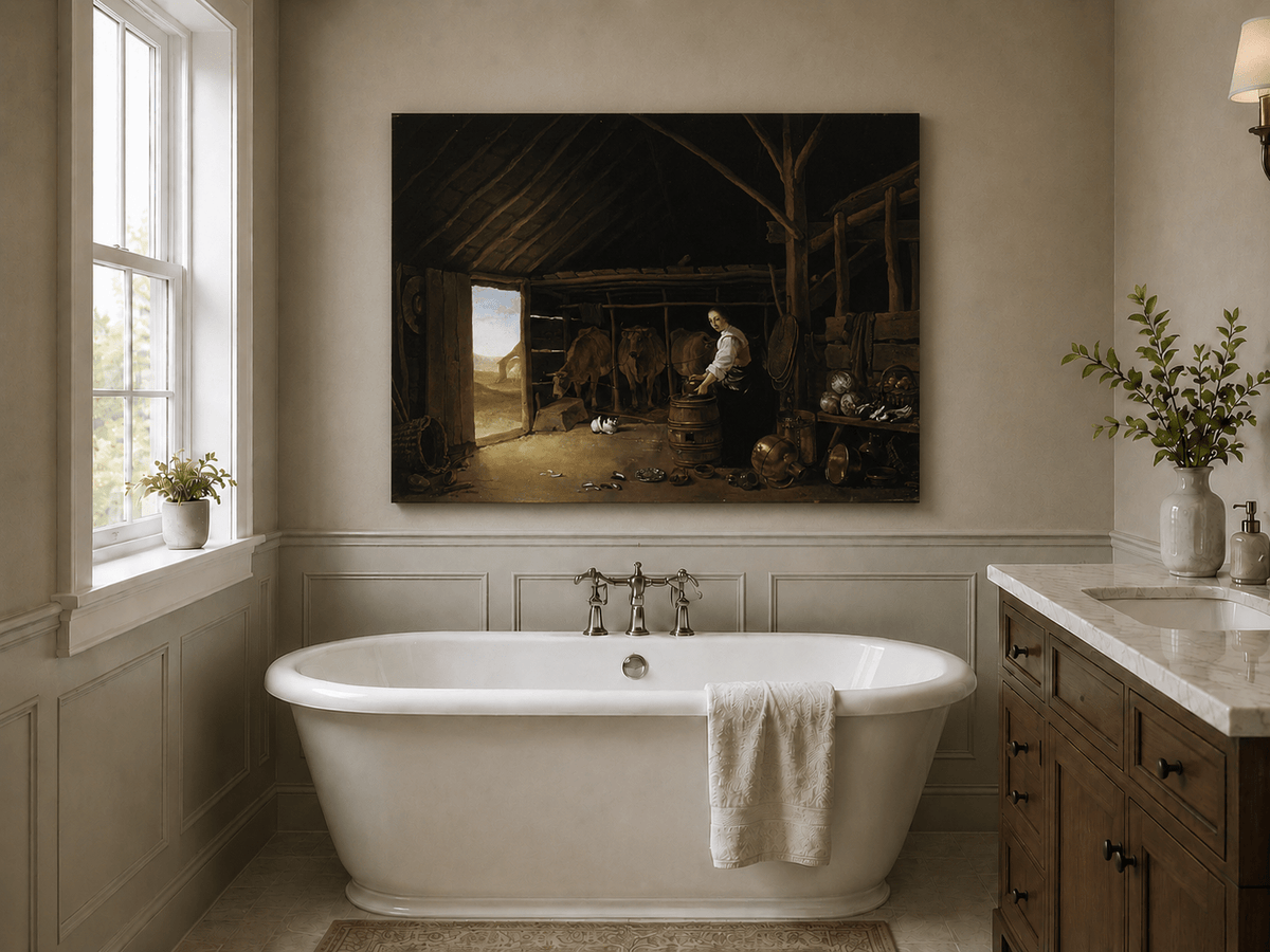 Peinture à l'huile de paysage - Homme à dos d'âne, femme, chien et champ rural
