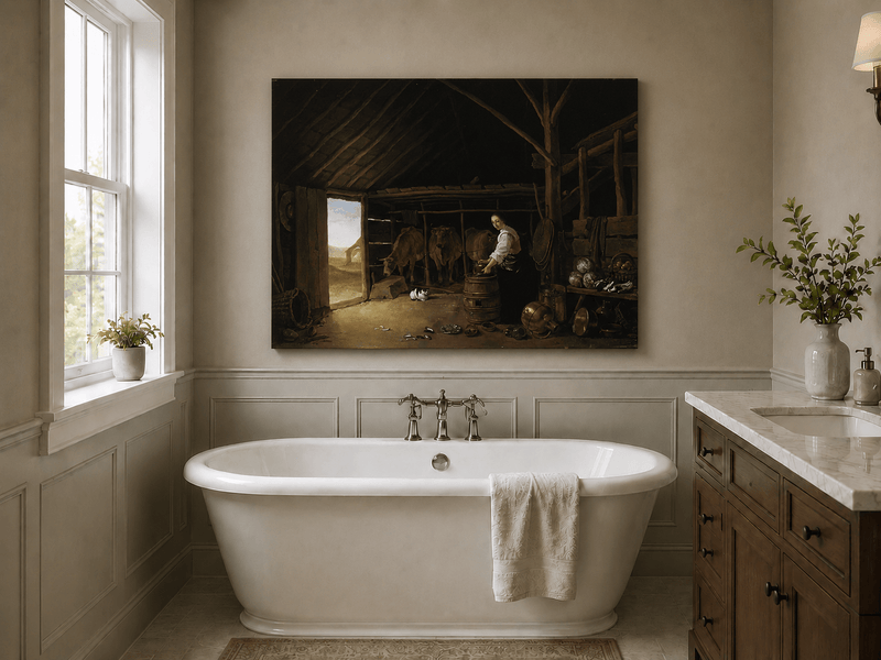 Peinture à l'huile de paysage - Homme à dos d'âne, femme, chien et champ rural