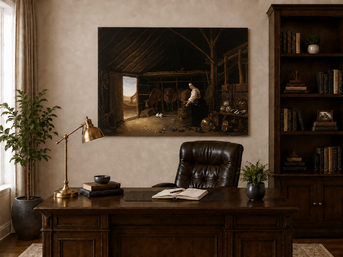 Peinture à l'huile de paysage - Homme à dos d'âne, femme, chien et champ rural