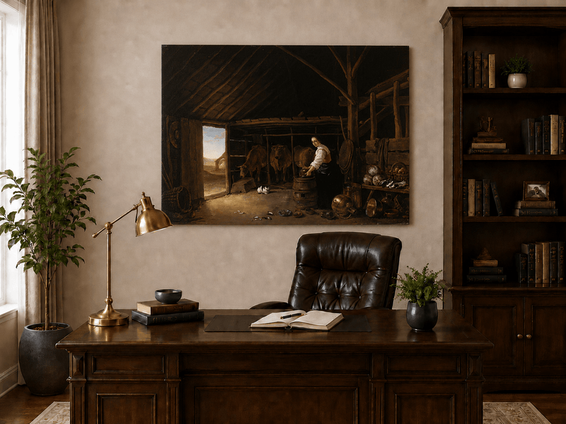 Peinture à l'huile de paysage - Homme à dos d'âne, femme, chien et champ rural