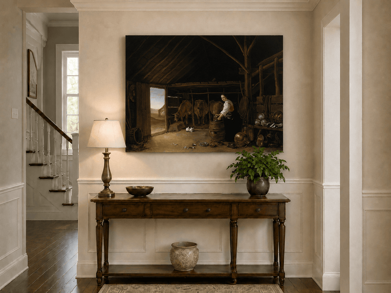 Peinture à l'huile de paysage - Homme à dos d'âne, femme, chien et champ rural