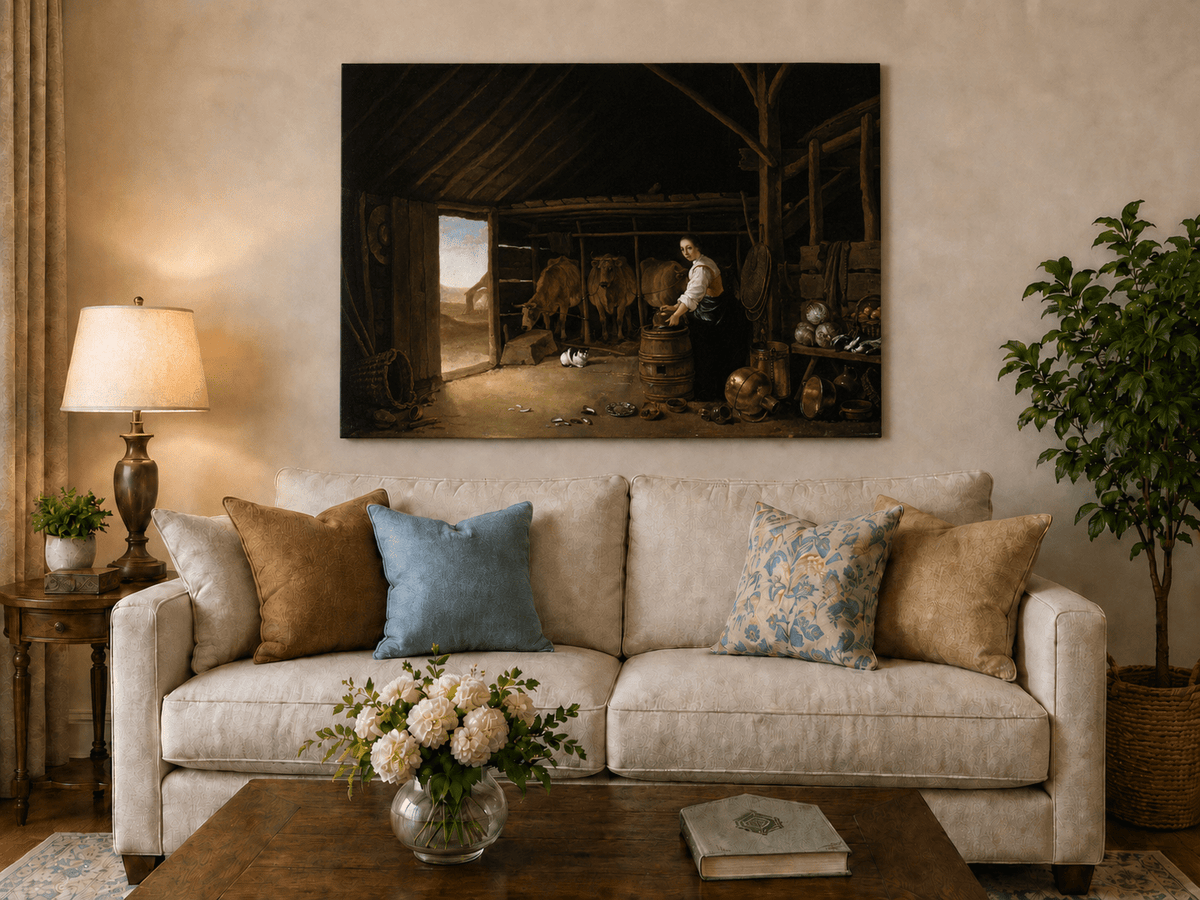 Peinture à l'huile de paysage - Homme à dos d'âne, femme, chien et champ rural