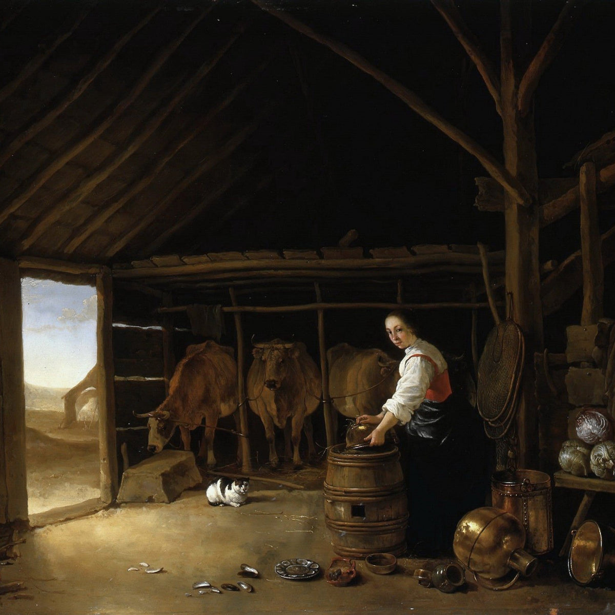 Farm Woman Milking Cows in Rustic Barn - People Oil Painting - Oil Painting Haven
