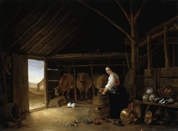 Farm Woman Milking Cows in Rustic Barn - People Oil Painting - Oil Painting Haven