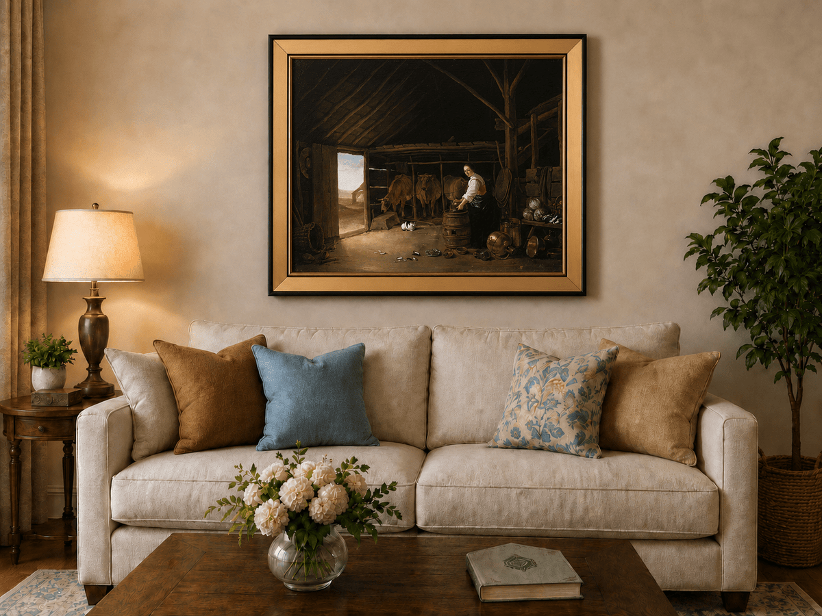 Peinture à l'huile de paysage - Homme à dos d'âne, femme, chien et champ rural
