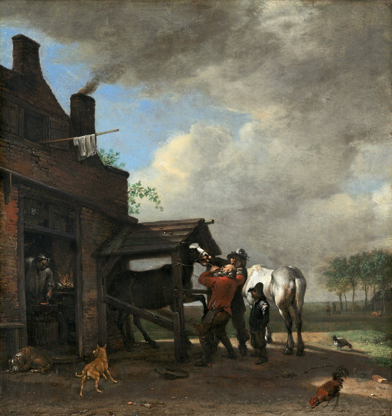 Farriers Shoeing a Horse at a Village Forge - People Oil Painting - Oil Painting Haven
