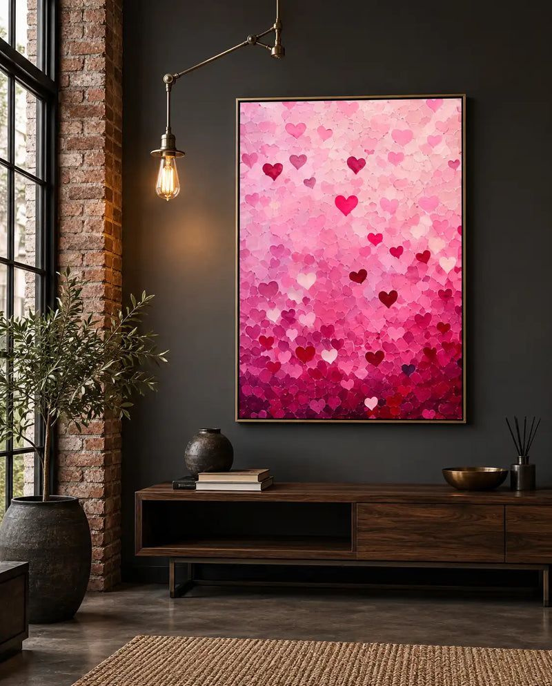 Peinture à l’huile – Cœurs roses romantiques aux dégradés texturés