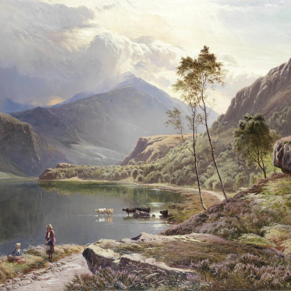 Figures, Cattle by a Mountain Lake at Dawn – Landscape Oil Painting - Oil Painting Haven