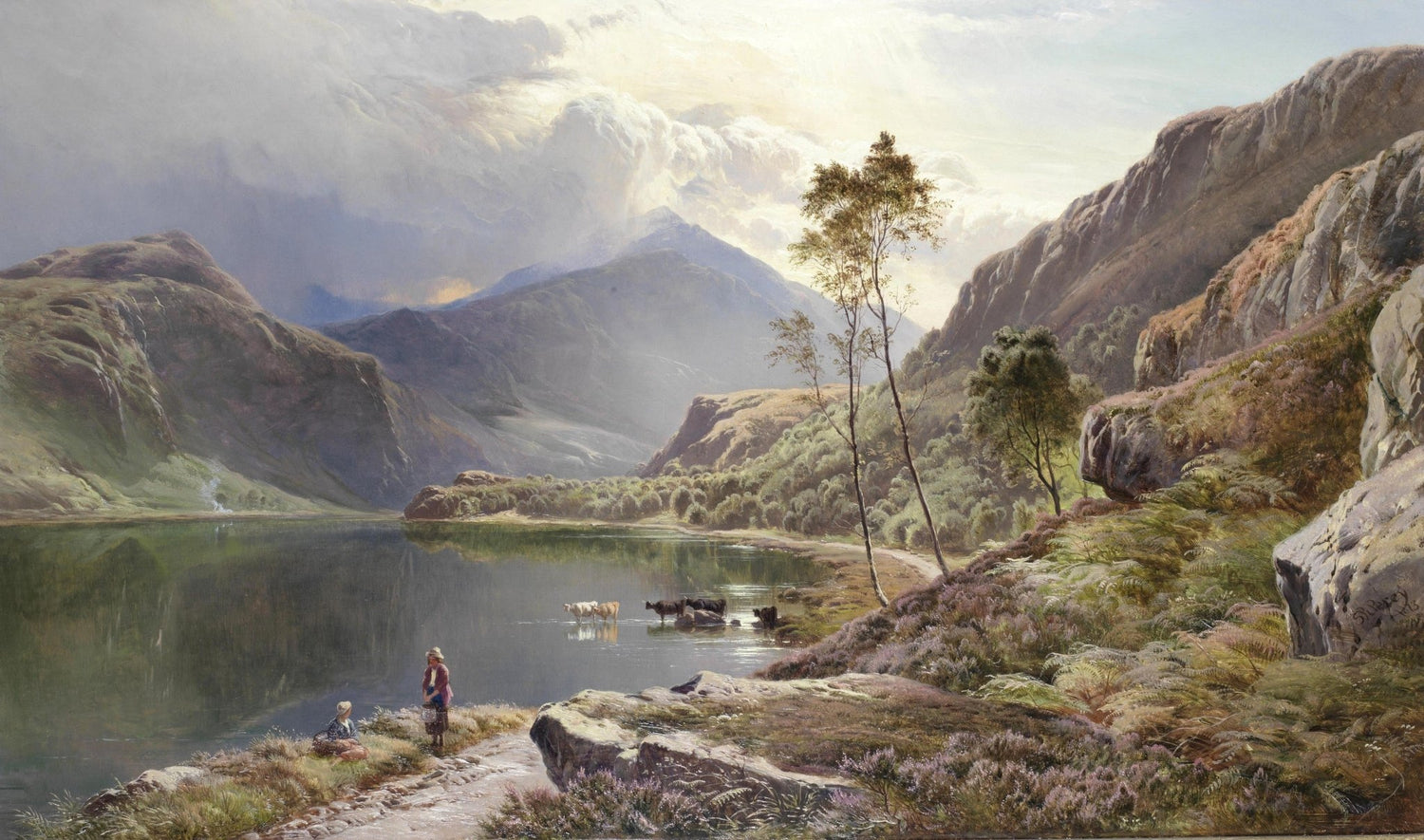 Figures, Cattle by a Mountain Lake at Dawn – Landscape Oil Painting - Oil Painting Haven