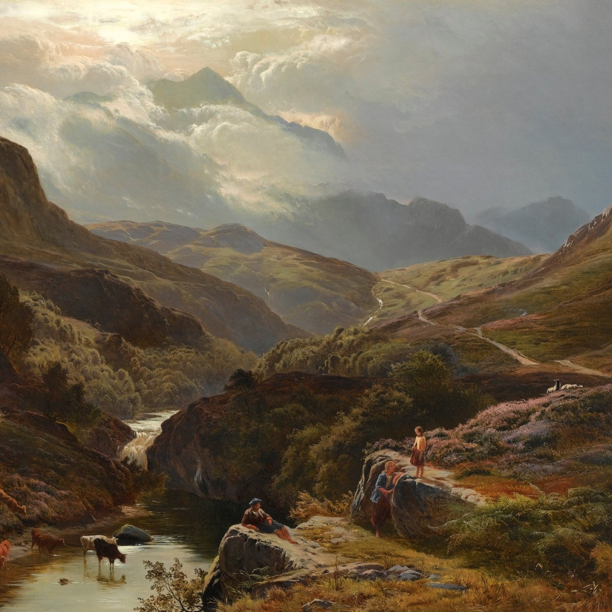 Figures in a Mountain Valley, Stream, Hills – Landscape Oil Painting - Oil Painting Haven