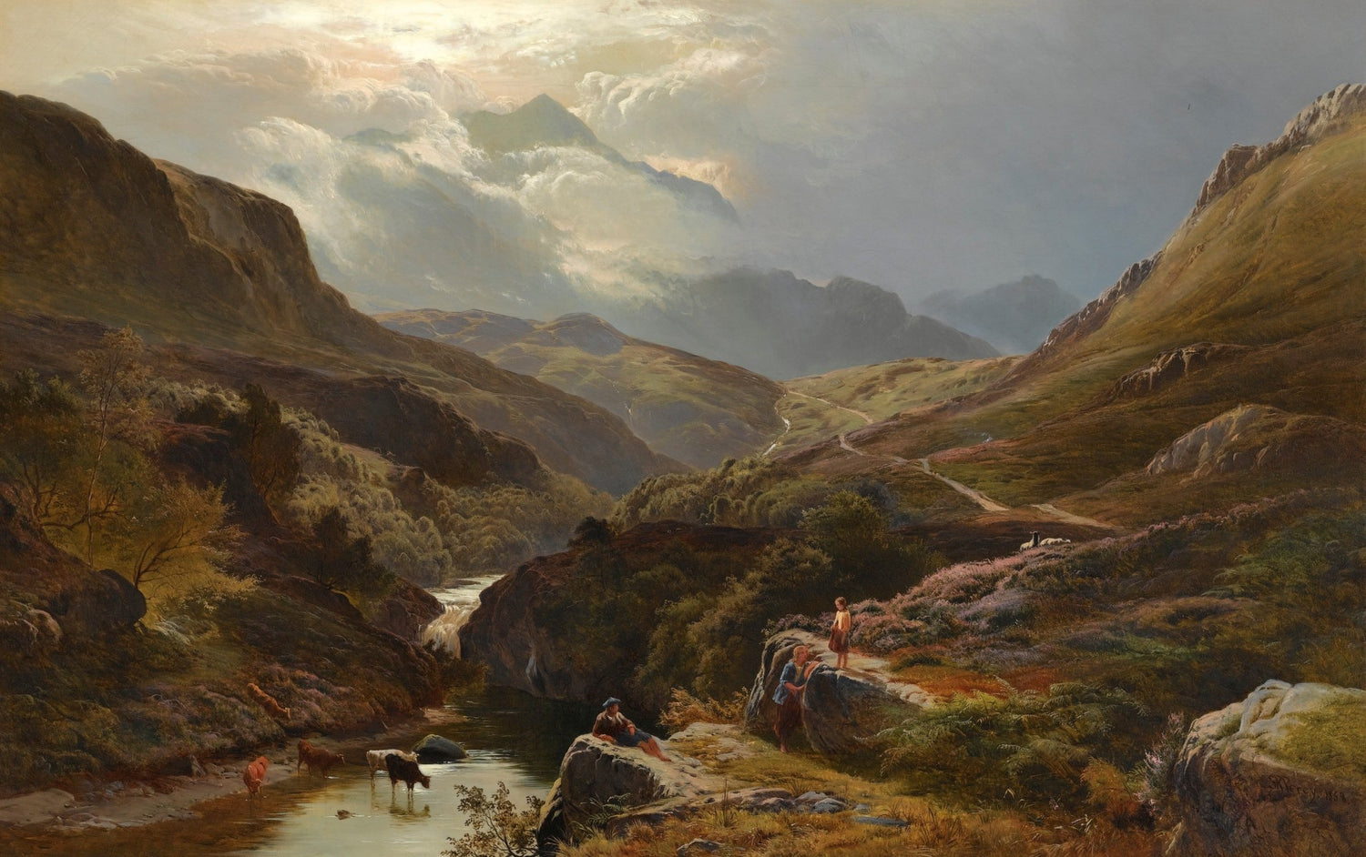 Figures in a Mountain Valley, Stream, Hills – Landscape Oil Painting - Oil Painting Haven
