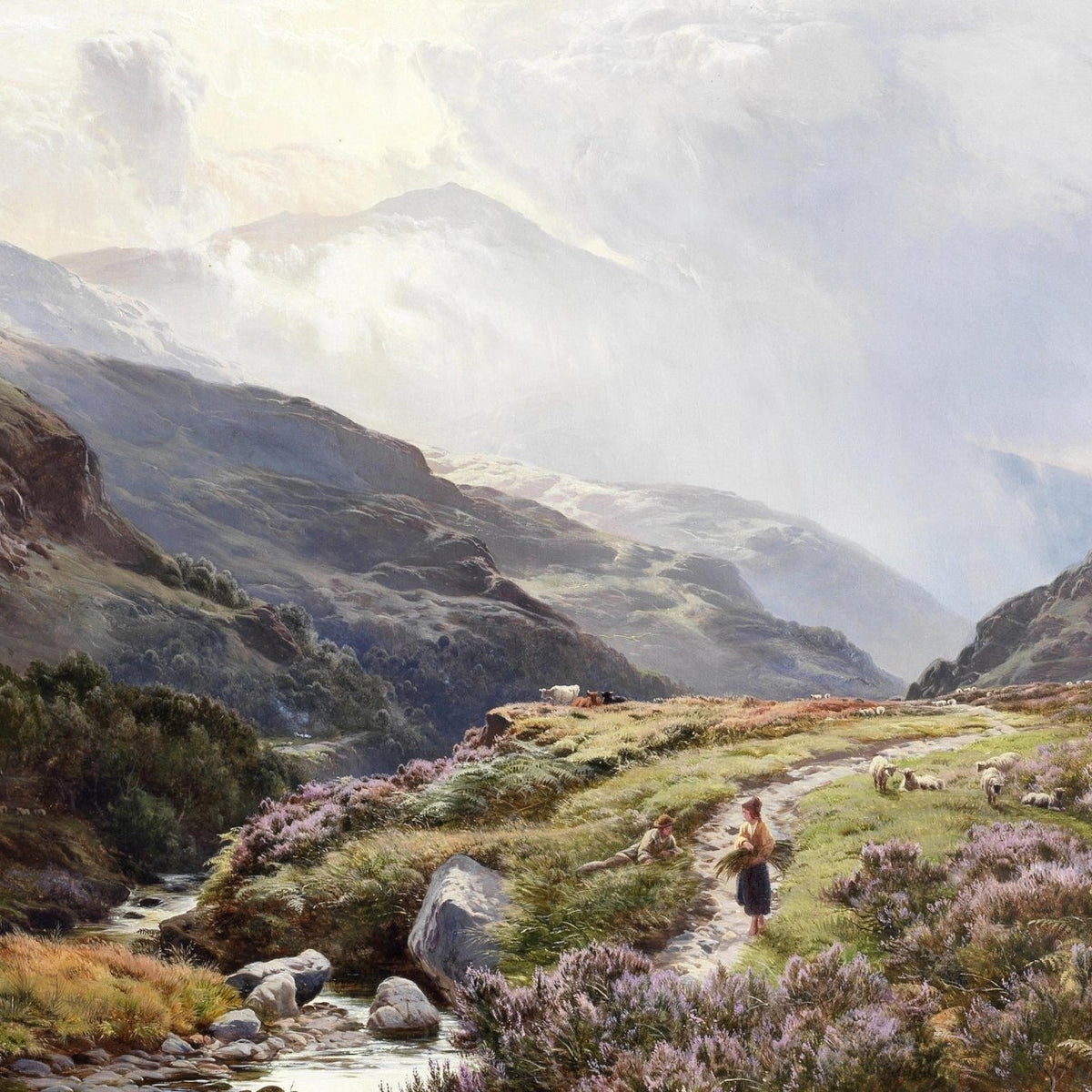 Figures on a Mountain Path, Heather Fields – Landscape Oil Painting - Oil Painting Haven