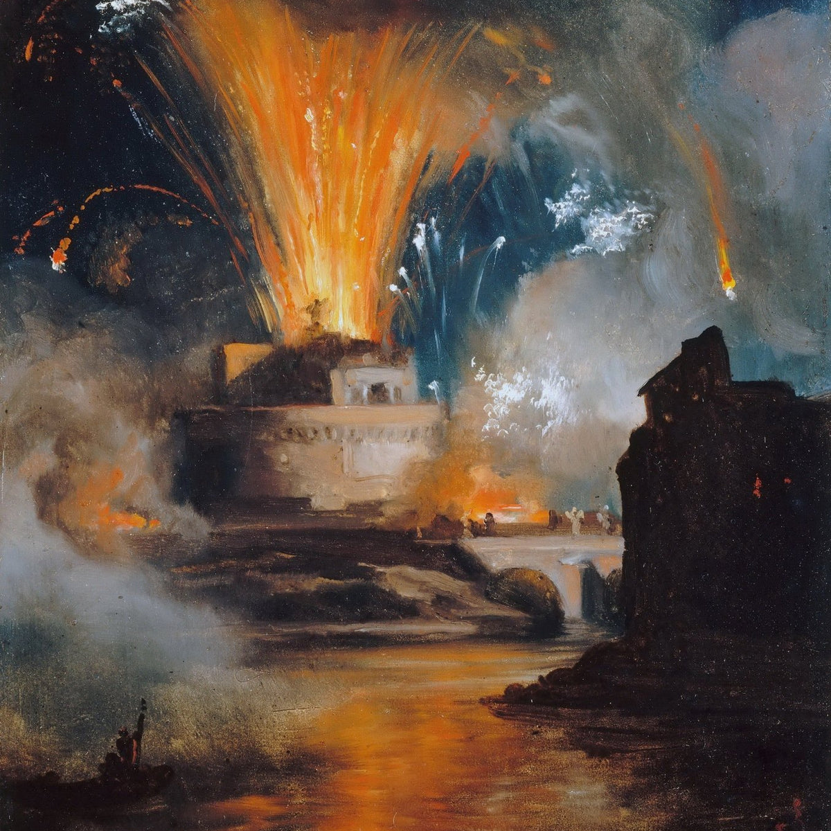 Hand painted landscape oil painting of fireworks bursting over Castel Sant’Angelo at night, rich textured brushwork and. - Add Frame, Canvas, Hand Painted, Landscape, Made To Order, Moonlight, Oil Painting