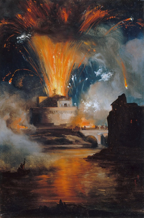 Hand painted landscape oil painting of fireworks bursting over Castel Sant’Angelo at night, rich textured brushwork and. - Add Frame, Canvas, Hand Painted, Landscape, Made To Order, Moonlight, Oil Painting