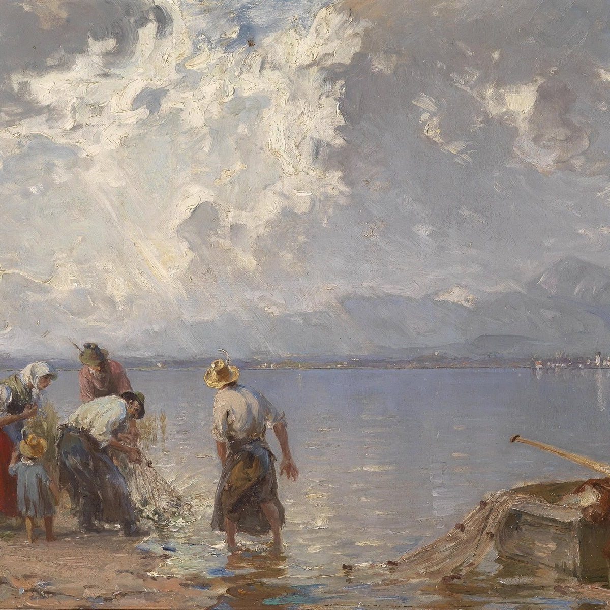 Fisherfolk Gathering by the Lakeshore at Sunset - People Oil Painting - Oil Painting Haven