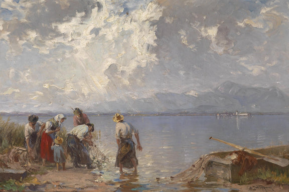 Fisherfolk Gathering by the Lakeshore at Sunset - People Oil Painting - Oil Painting Haven