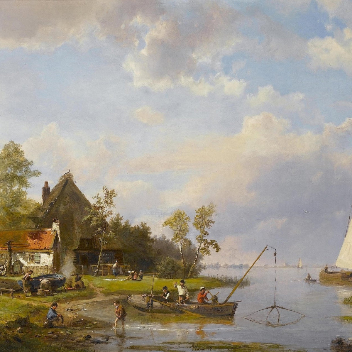 Fishermen and Cottage by the Quiet River - Landscape Oil Painting - Oil Painting Haven