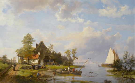 Fishermen and Cottage by the Quiet River - Landscape Oil Painting - Oil Painting Haven