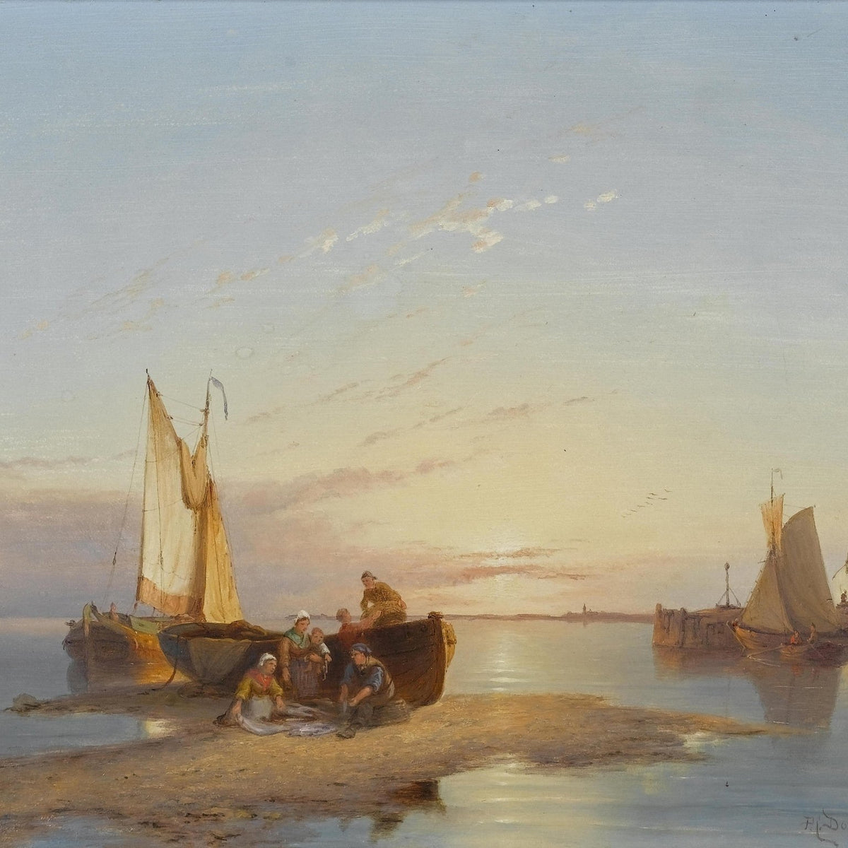 Hand-painted fishermen at sunset harbor nautical oil painting on canvas