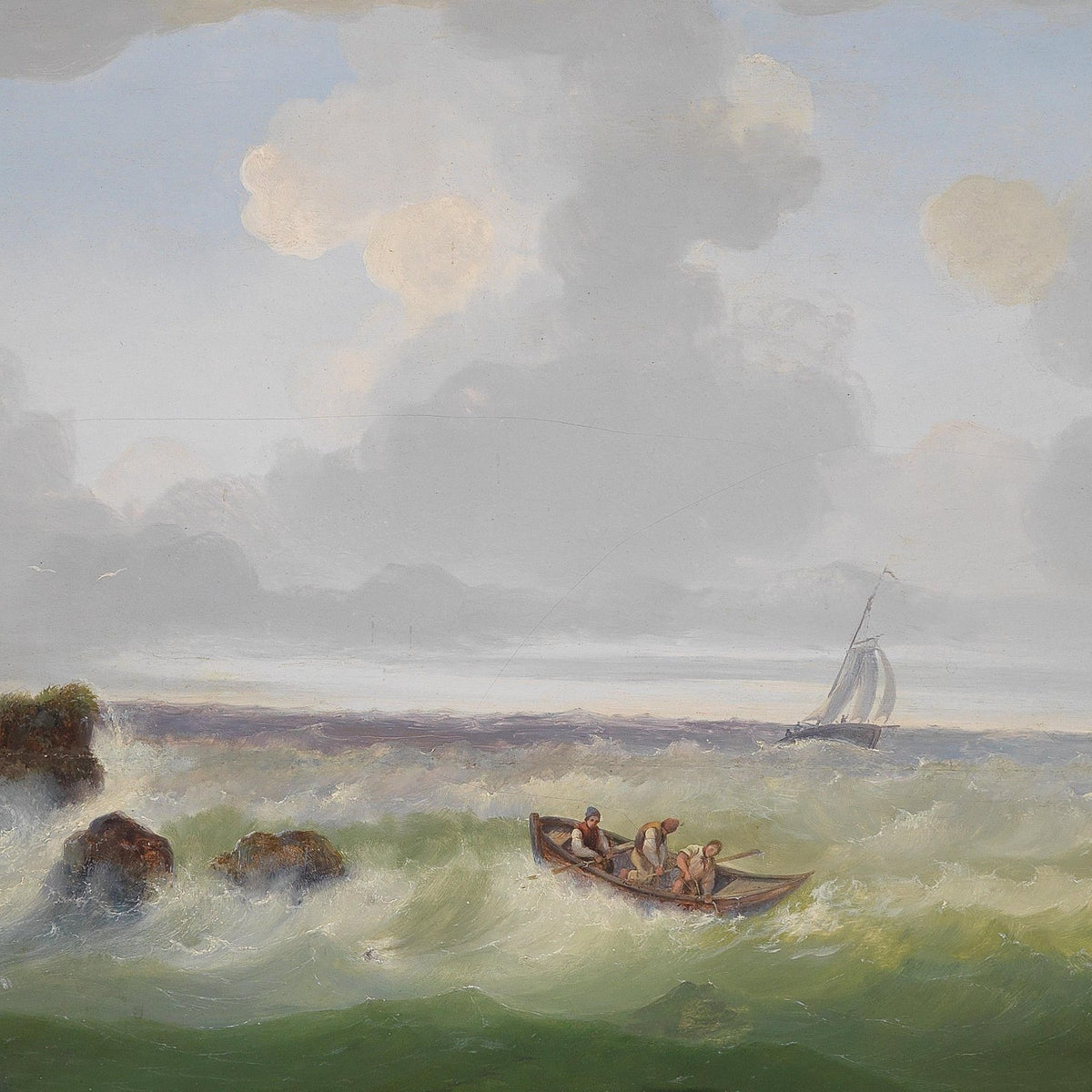 Hand-painted fishermen in rough seas nautical oil painting on canvas
