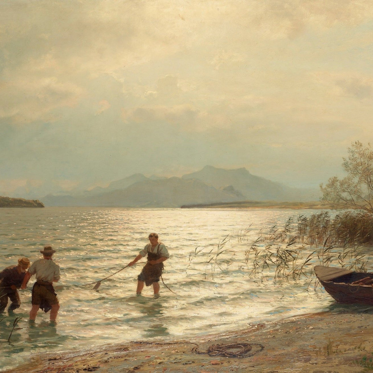 Fishermen Working Along a Sunlit Lakeshore – Hand - Painted Oil Painting - Oil Painting Haven