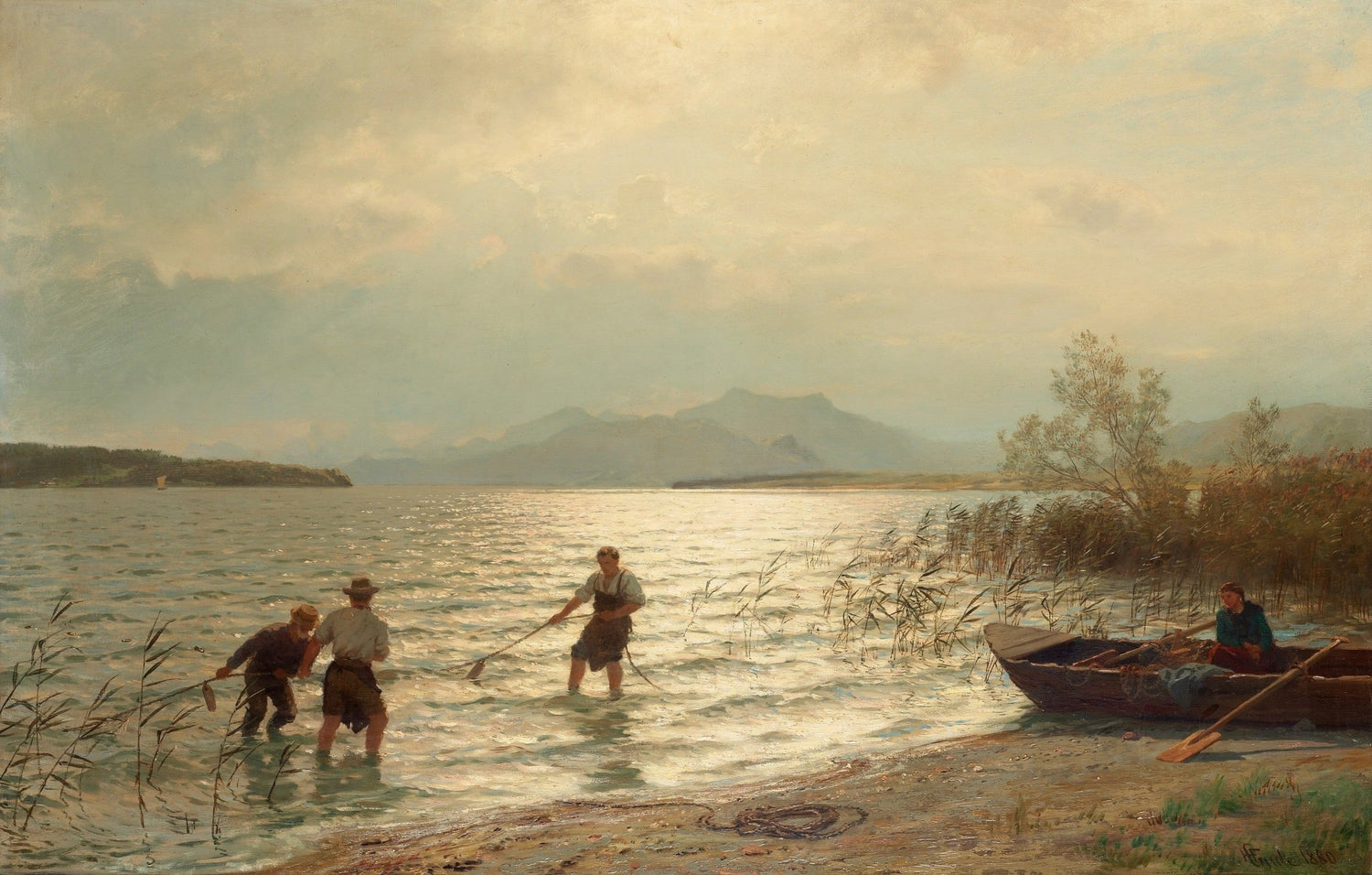 Fishermen Working Along a Sunlit Lakeshore – Hand - Painted Oil Painting - Oil Painting Haven